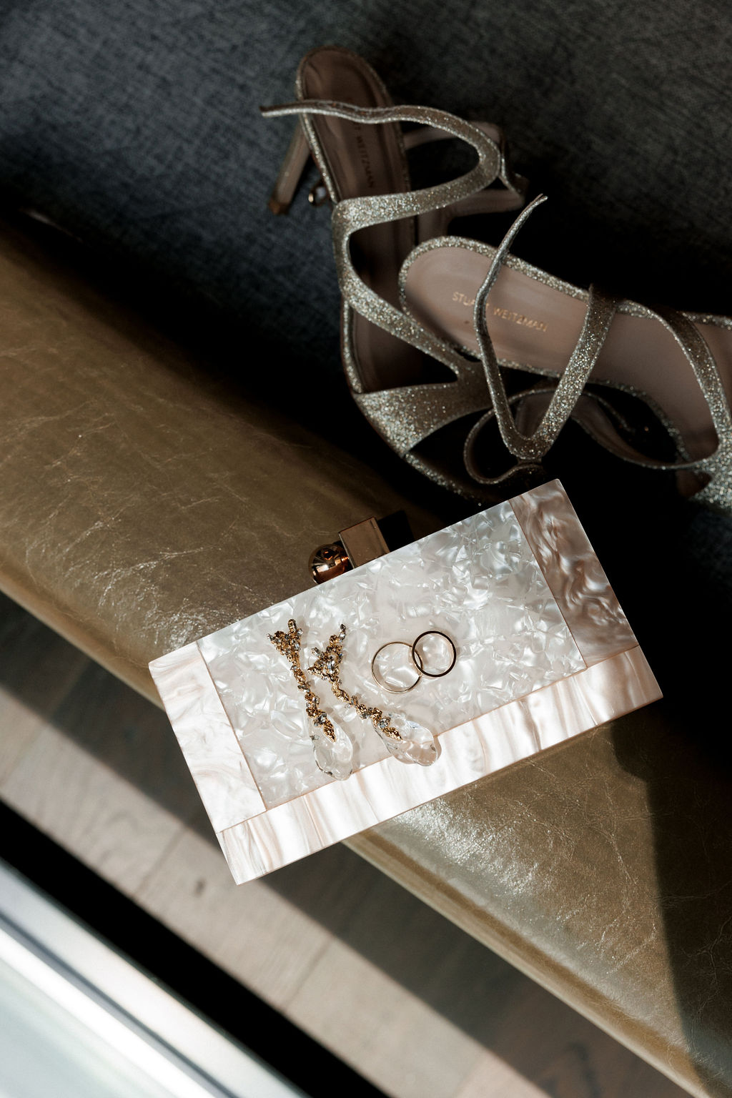 bride’s purse, jewelry, and shoes